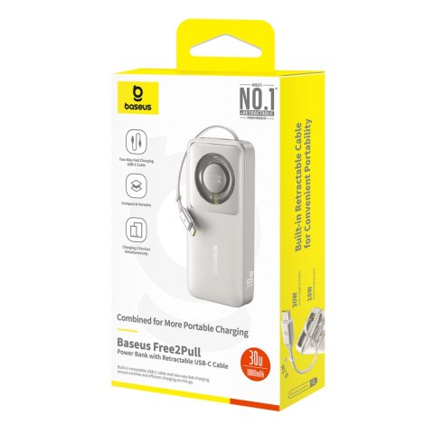 Powerbank Free2Pull 10000mAh 30W z portem USB-C i rozwijanym kablem USB-C - szary