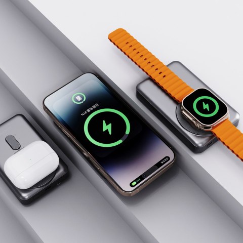 Powerbank K29 10000mAh MagSafe metalowa obudowa podstawka kable USB-C iPhone Lightning PD 20W - szary