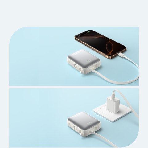 Powerbank 10000mAh 22.5W z wbudowanymi kablami USB-C Lightning - biały