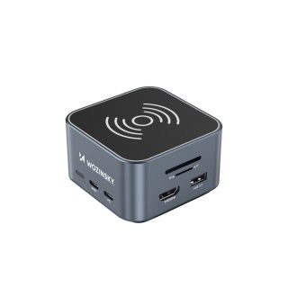 12w1 Hub z ładowarką bezprzewodową USB-A USB-C HDMI RJ45 SD TF mini jack - szary