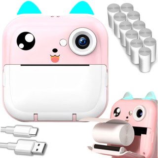 Drukarka termiczna dla dzieci z aparatem fotograficznym głośnikiem 5 gier Mini Kot 11 rolek - różowa
