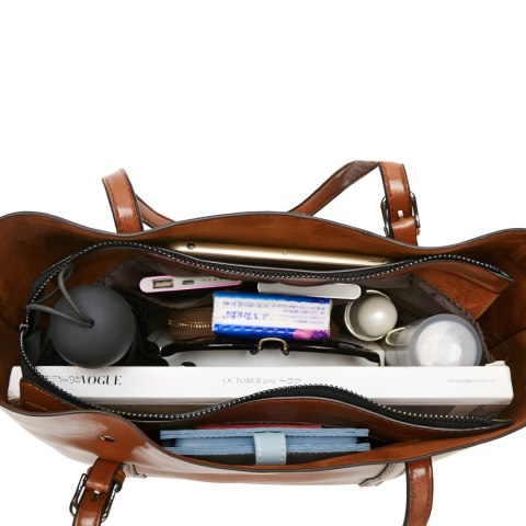 Torebka damska miejska pojemna z eko skóry na ramię - brązowa