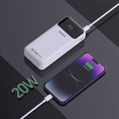 Powerbank 20000mAh 22.5W PD USB-C USB-A z wbudowanymi kablami iPhone Lightning USB-C - biały