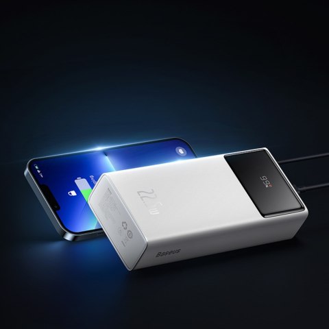Powerbank 30000mAh 22.5W z kablem USB-A - USB-C 3A 30cm - biały