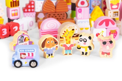 DREWNIANE KLOCKI EDUKACYJNE ZESTAW - CUKIERKOWE MIASTO 116 EL. ECOTOYS