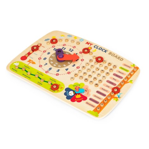 DREWNIANA TABLICA MANIPULACYJNA DLA DZIECI KALENDARZ ZEGAR ECOTOYS
