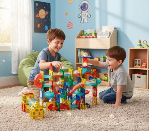 Klocki magnetyczne tor kulkowy LED klocki konstrukcyjne kulodrom 105 elementów