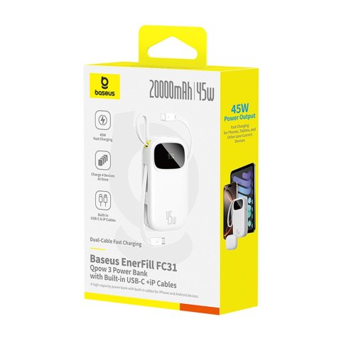 Powerbank 20000mAh 45W z wyświetlaczem kablami USB-C iPhone Lightning - biały