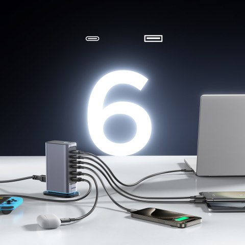 Stacja ładowania ładowarka wieloportowa GaN 65W EU 4x USB-C i 2x USB-A - ciemnoszara