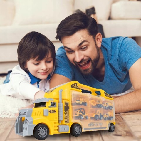 Ciężarówka walizka z metalowymi autkami budowlanymi 6 szt światła i dźwięki