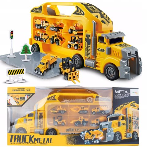 Ciężarówka walizka z metalowymi autkami budowlanymi 6 szt światła i dźwięki