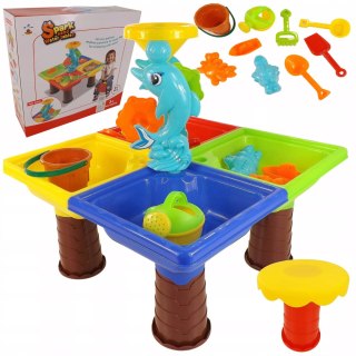Stolik do piasku i do wody delfin młyn łopatka grabki foremki 25 el 9829