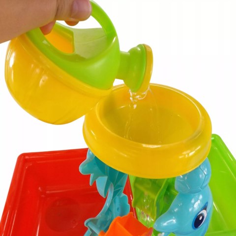 Stolik do piasku i do wody delfin młyn łopatka grabki foremki 25 el 9829