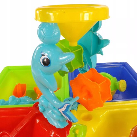 Stolik do piasku i do wody delfin młyn łopatka grabki foremki 25 el 9829