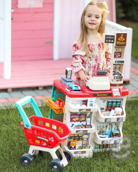 WOOPIE Sklep Supermarket z Wózkiem Sklepowym Waga Kasa Skaner + 48 Akc.