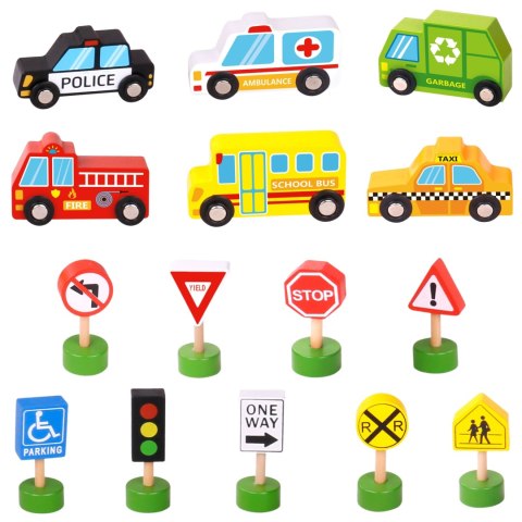 WOOPIE GREEN Zestaw Drewnianych Pojazdów i Znaków Drogowych 15 el.