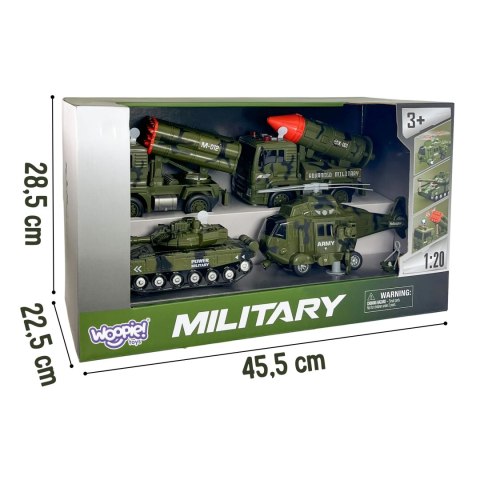 WOOPIE Zestaw Pojazdów Wojskowych z Wyrzutnią Czołg Helikopter 4SZT Skala 1:20