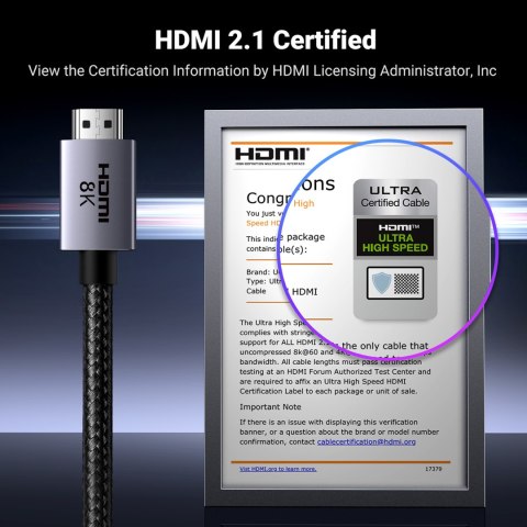 Kabel przewód HDMI 2.1 8K certyfikowany VRR QMS QFT ALLM 3m - szary
