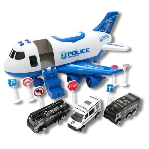 WOOPIE Samolot Rozkładany Transporter Policja z 3 Autami Policyjnymi Zestaw XL Znaki Drogowe