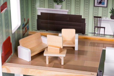 DREWNIANY DOMEK DLA LALEK 3 PIĘTRA TARAS Z KOMPLETEM 15 MEBELKÓW ECOTOYS