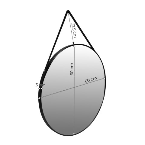 OKRĄGŁE LUSTRO ŚCIENNE 60 CM WISZĄCE NA PASKU NOWOCZESNE CZARNA RAMA MODERNHOME
