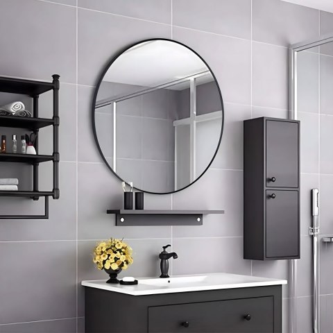 OKRĄGŁE LUSTRO ŚCIENNE 80 CM WISZĄCE NOWOCZESNE CZARNA RAMA ALUMINIUM MODERNHOME