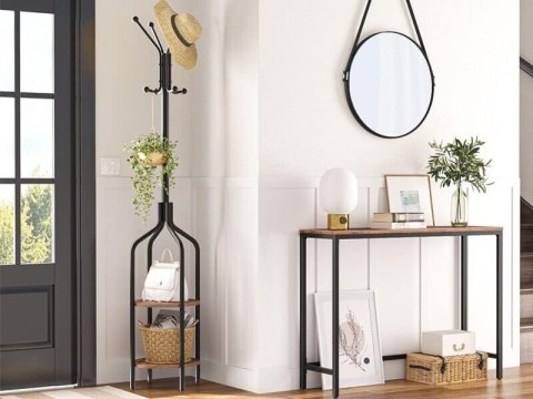 WIESZAK STOJĄCY Z PÓŁKAMI 8 HACZYKÓW 180 CM METAL CZARNY MODERNHOME