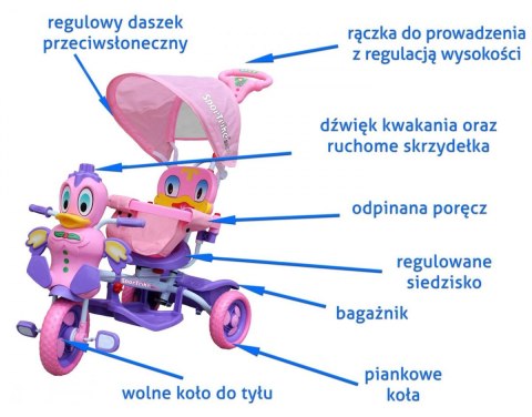 3-kołowy Rowerek dla dzieci Kaczka Fioletowy + Dźwięki + Daszek + Barierka + Podnóżek + Rączka + Schowek