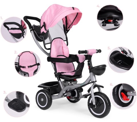 ROWEREK TRÓJKOŁOWY SPACERÓWKA 2W1 OBRACANE SIEDZISKO SKŁADANY DASZEK RÓŻOWY ECOTOYS