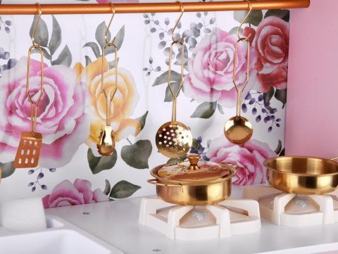 Urocza Różana Drewniana Kuchnia dla dzieci Palnik Zlew Garnki ZA5932