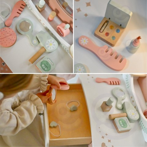 TOOKY TOY Drewniana Toaletka z Krzesełkiem Akcesoria Lustro z Oświetleniem LED + Kosmetyki