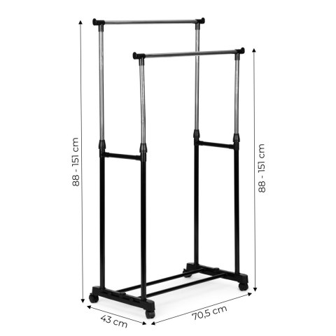 UNIWERSALNY PODWÓJNY WIESZAK STOJĄCY NA UBRANIA Z REGULACJĄ WYSOKOŚCI KÓŁKA 2 DRĄŻKI MODERNHOME