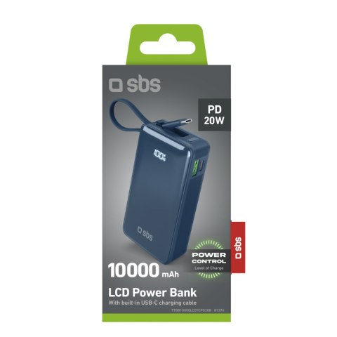 Powerbank 10000mAh USB-A USB-C z wyświetlaczem wbudowanym kablem USB-C 20W - ciemnoszary