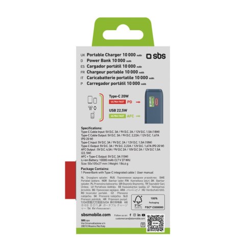 Powerbank 10000mAh USB-A USB-C z wyświetlaczem wbudowanym kablem USB-C 20W - ciemnoszary