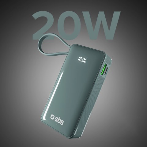 Powerbank 10000mAh USB-A USB-C z wyświetlaczem wbudowanym kablem USB-C 20W - szary