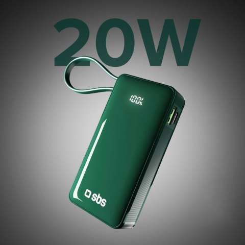 Powerbank 10000mAh USB-A USB-C z wyświetlaczem wbudowanym kablem USB-C 20W - zielony