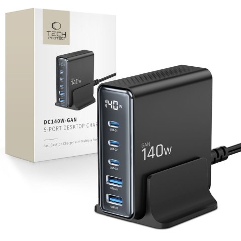 Stacja ładująca do urządzeń z wyświetlaczem 3x USB-C 2x USB-A GaN 140W - czarna