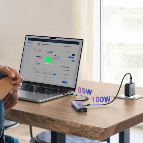 6w1 HUB adapter USB-C - 3x USB-A 3.0 / HDMI / RJ45 / USB-C PD - szary