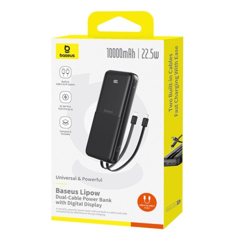 Powerbank 10000mAh 22.5W z wyświetlaczem kablami USB-C iPhone Lightning Lipow - czarny