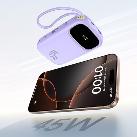Powerbank 20000mAh 45W z wyświetlaczem kablami USB-C Lightning EnerFill FC31 - fioletowy