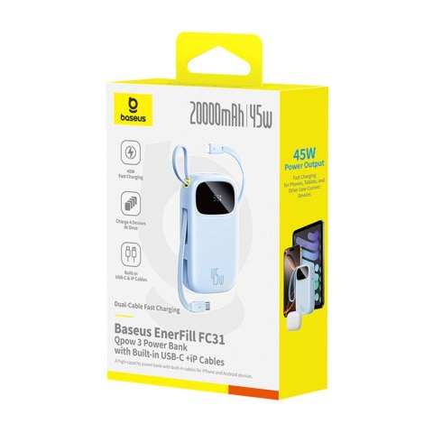 Powerbank 20000mAh 45W z wyświetlaczem kablami USB-C Lightning EnerFill FC31 - niebieski