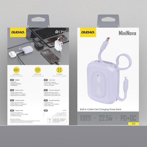 Powerbank K32 10000 mAh z wbudowanym kablem USB-C iPhone Lightning 22.5W - fioletowy