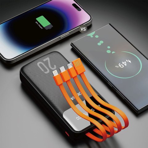 Powerbank K6Pro+ 20000mAh z wbudowanymi kablami USB-C microUSB iPhone Lightning - czarny