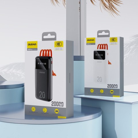 Powerbank K6Pro+ 20000mAh z wbudowanymi kablami USB-C microUSB iPhone Lightning - czarny