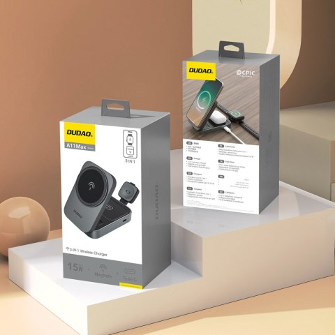 Stacja ładująca A11 3w1 indukcyjna MagSafe 15W - szara