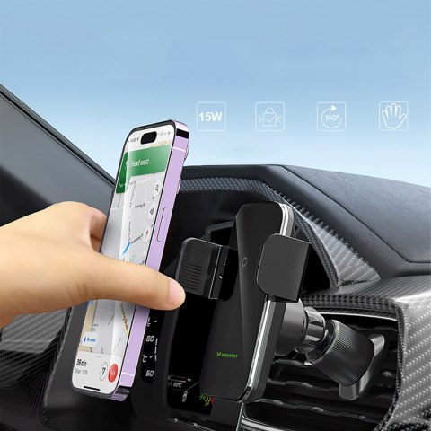 Uchwyt samochodowy zaciskowy z ładowarką indukcyjną do telefonu na kratkę 15W - czarny