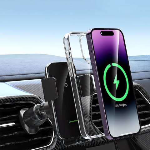 Uchwyt samochodowy zaciskowy z ładowarką indukcyjną do telefonu na kratkę 15W - czarny