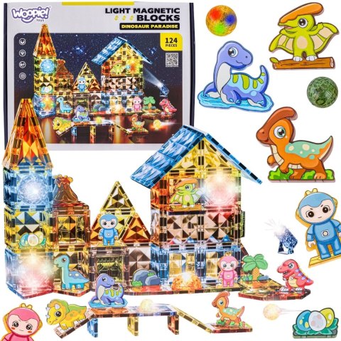 WOOPIE Klocki Magnetyczne Konstrukcyjne Świecące 3D Park Dinozaurów 124el.