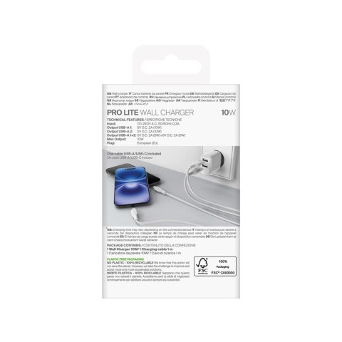 Ładowarka sieciowa 2x USB-A PROLITE 10W z kablem USB-A - USB-C 1.2m - biała