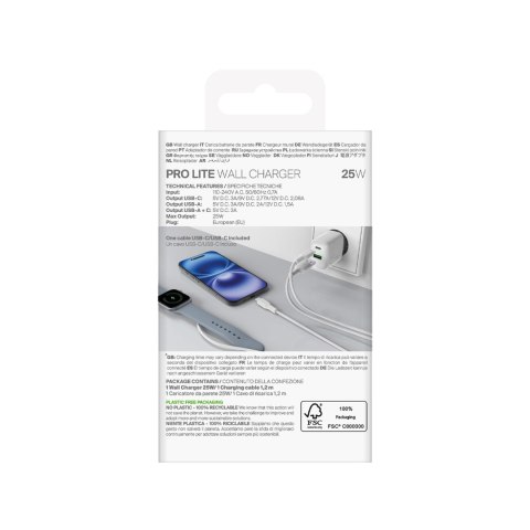 Ładowarka sieciowa USB-A USB-C z kablem USB-C 25W 1.2m - biała